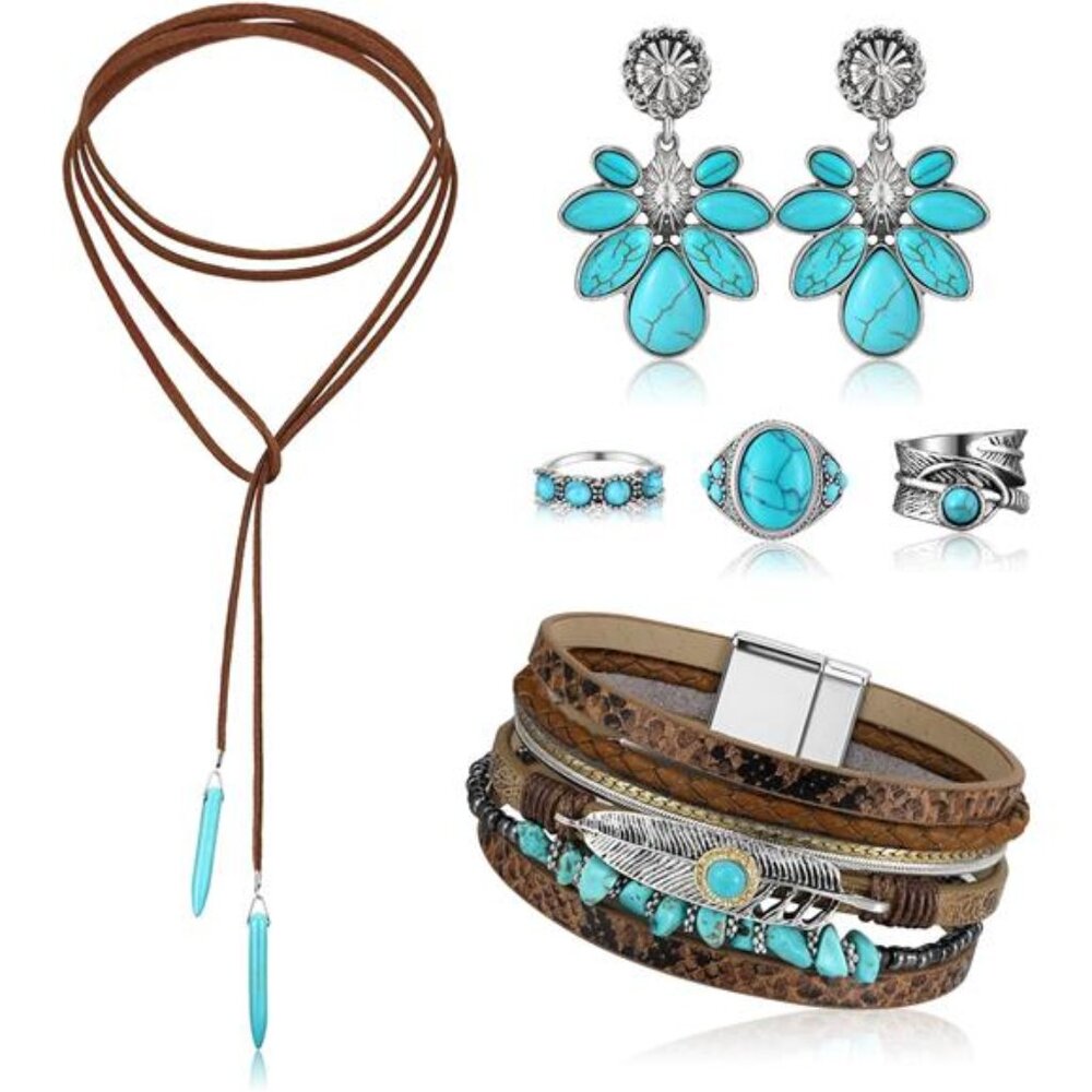 Turquoise Jewelry Set Necklace Earrings Bracelets Rings Boho Western Women Gift